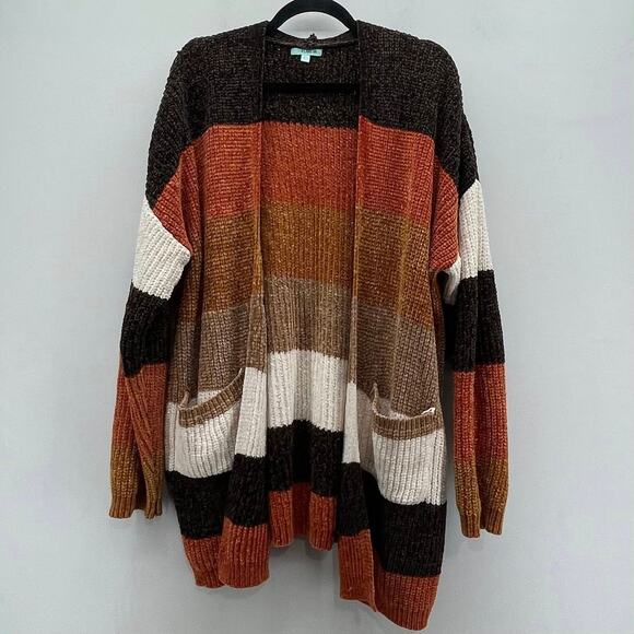 P.S. Kate Chenille Cardigan Sweater Womens Medium/Large Brown Orange Colorblock - Picture 1 of 8